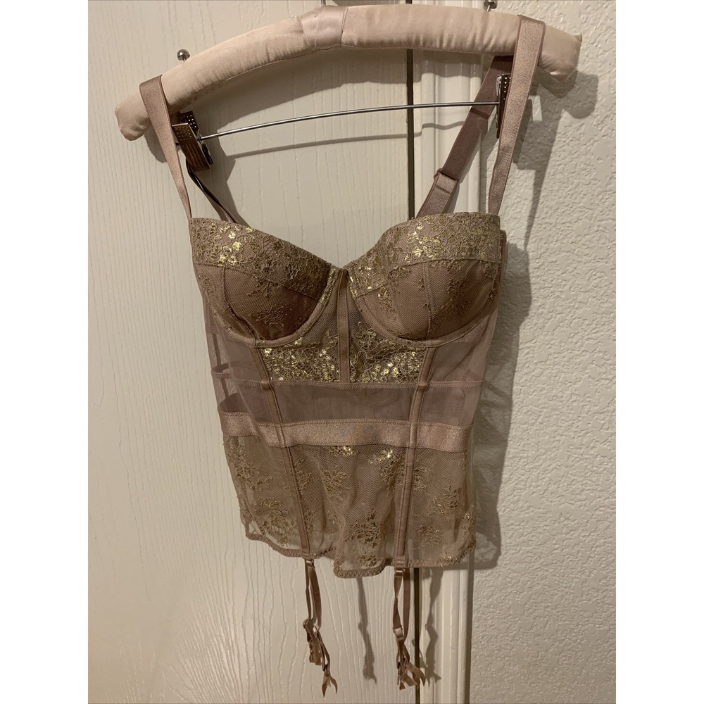 victoria's secret 34C Sexy Nude Corset Top Golden Flower Trim Sexy NWOT